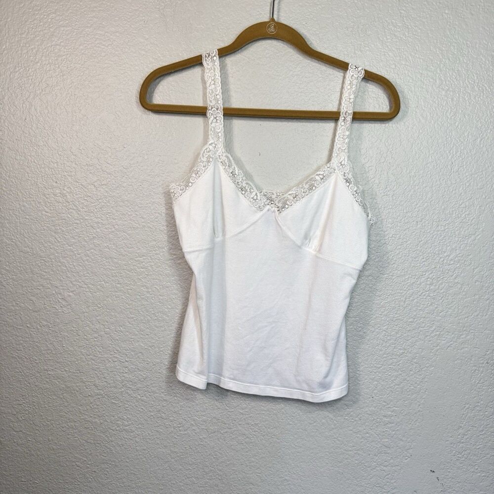 VTG Gap Tank Women L Babydoll Lace White Cami Knit Stretch Slim Fit Y2K Whimsy